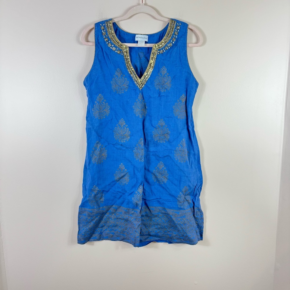 SOFT SURROUNDINGS womens sz S blue linen with gold design beaded neckline dress